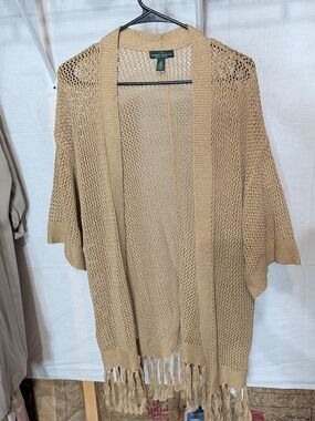 Ralph Lauren Open-Weave Fringe Cardigan in Camel Tan
